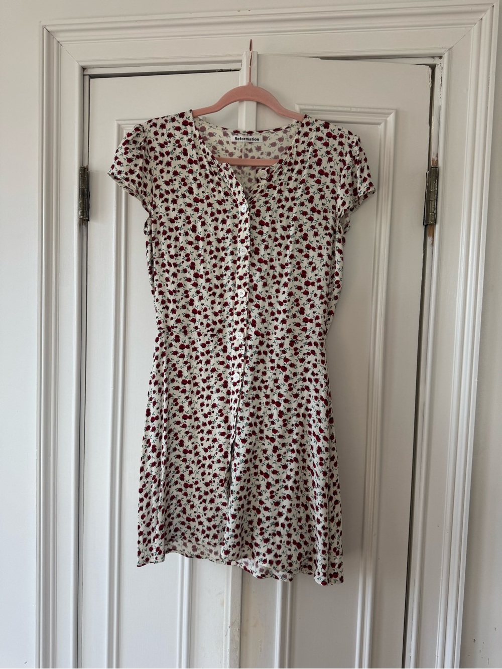 Reformation Cream Mini Dress with Red Floral Print